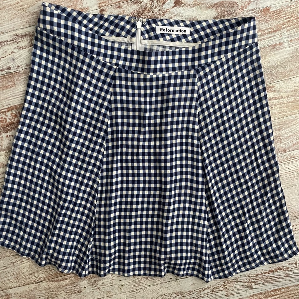 Reformation gingham mini skirt